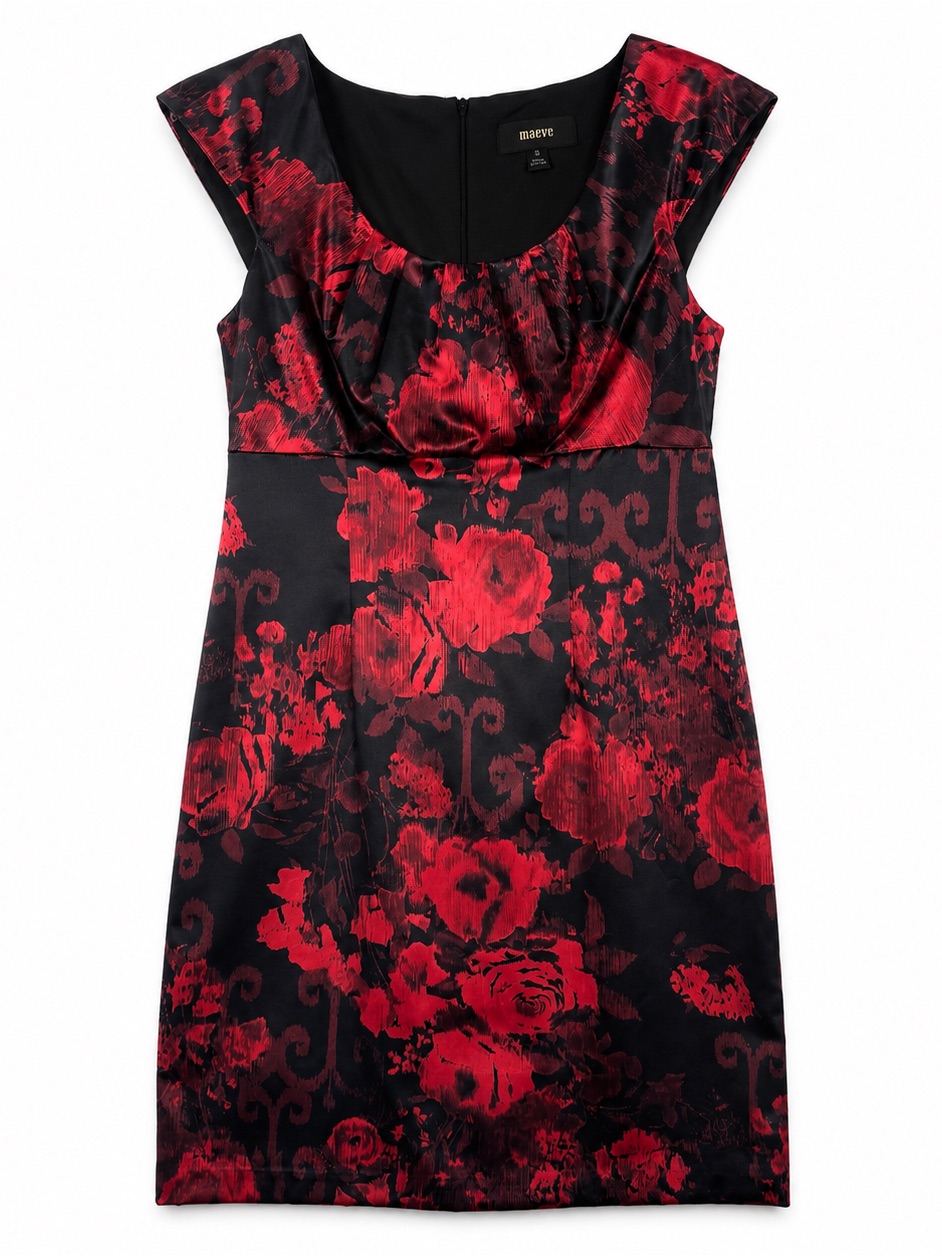 Connected Apparel Red Black Floral Satin Cocktail Dress 10